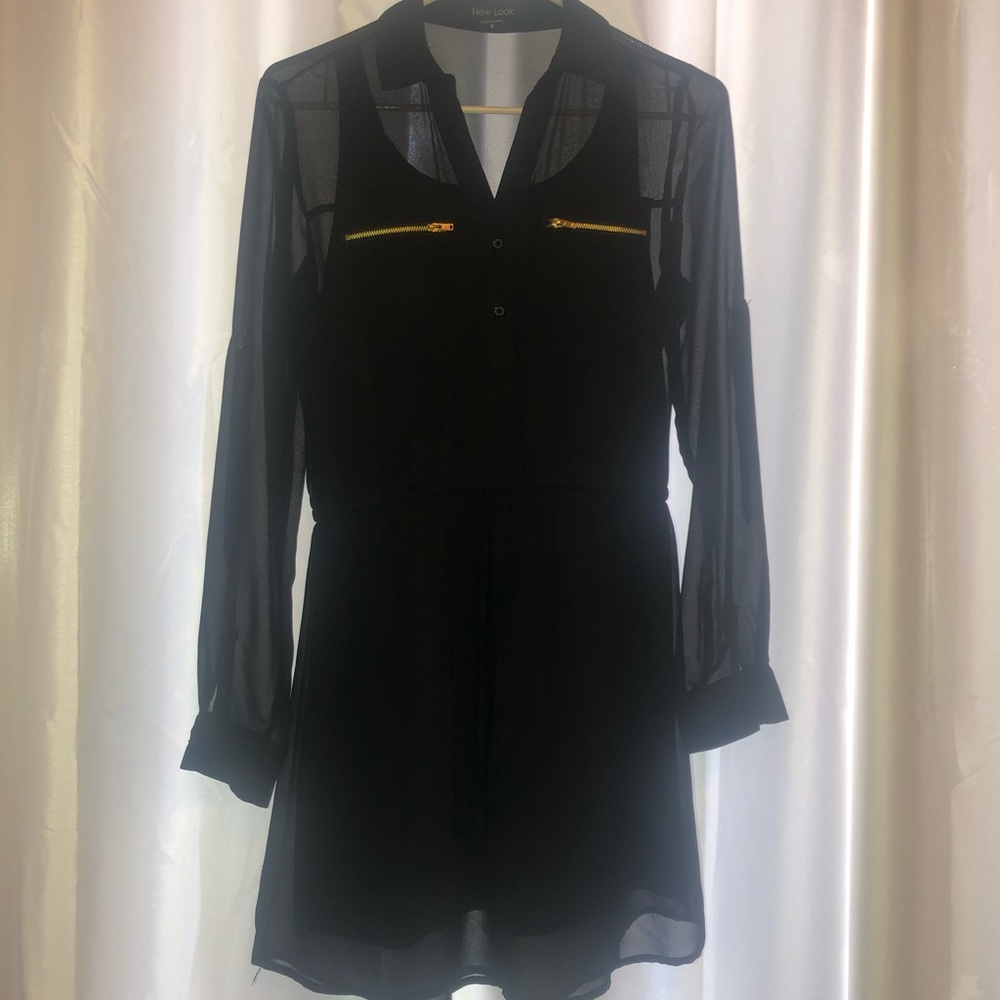 Black Long Sleeved Short Dress With Gold Zippers.